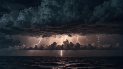 Naklejka na ściany i meble The fierce intensity of a thunderstorm over the ocean ai_generated