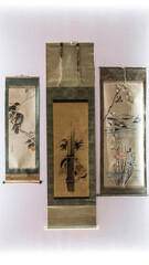Old antique Japanese kakejiku, kakemono, kacho-ga, with thoughts and signatures of  international...