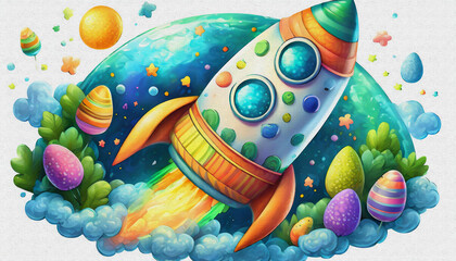 oil painting style CARTOON CHARACTER CUTE illustration  Rocket flying to the moon