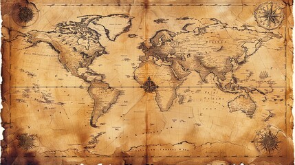 Vintage map of a fictional world, aged paper texture, oldworld charm, detailed hand drawing, sepia tones, no modern elements