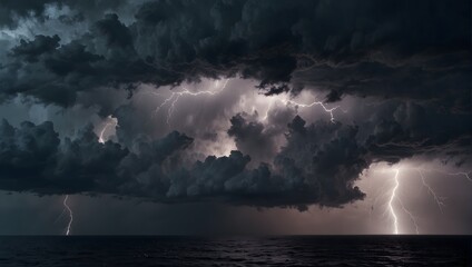 Obraz premium The fierce intensity of a thunderstorm over the ocean ai_generated