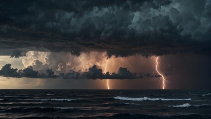 Naklejka na ściany i meble The fierce intensity of a thunderstorm over the ocean ai_generated