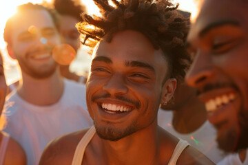 Beautiful smiling men standing together. Multi ethnic group of men looking happy. Generative AI