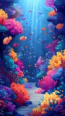 Vibrant coral reef with cartoon fish, lively and colorful, children s illustration, bright marine colors, exclude realistic threats