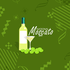 National Moscato Day. A bottle of Moscato with a glass of Moscato and fresh grapes on dark green background to celebrate on May 9th