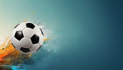 Dynamic and bright illustration of a soccer ball on a blue background with blue and yellow paint splashes. Concept football poster, design, banner. Copy space, Euro 2024.