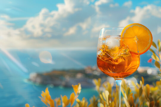 Close-up of a refreshing spritz cocktail adorned with an orange slice, overlooking a sunny coastal landscape