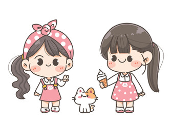 Happy cute girl holding ice cream with cat children character cartoon vector illustration