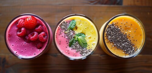 Colorful fruit smoothie topped with a sprinkle of chia seeds.
