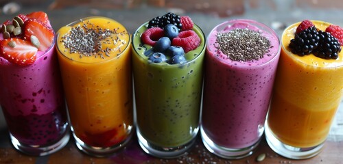 Colorful fruit smoothie topped with a sprinkle of chia seeds.