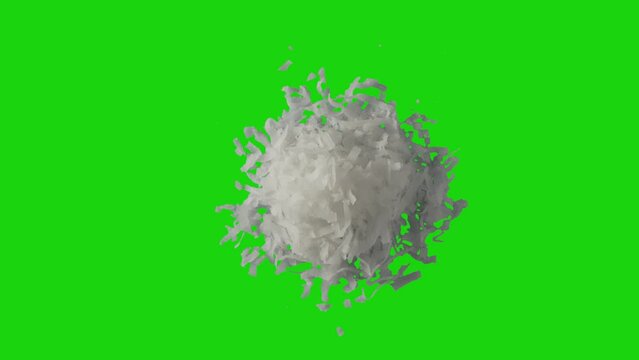 Pile of shaved or shredded coconut. White, moist, fresh coconut flakes spinning on green screen background