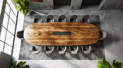 A modern conference room with an oval wooden table, chairs, and large windows, on a marble and carpeted background, concept of a corporate meeting space. Generative AI