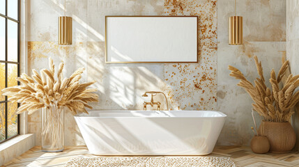 Luxurious bathroom with a modern bathtub, framed blank poster, and rustic decorations on a textured...