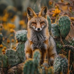 Wildlife documentary style shot of a desert fox near a cactus during a wet La Nina year