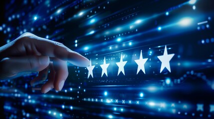 Hand pointing to a five-star digital rating on a virtual interface.