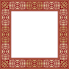 Vector red with gold Square Kazakh national ornament. Ethnic pattern of the peoples of the Great Steppe,
