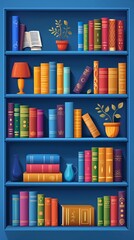 Stylized bookshelves with colorful books, educational and organized, illustration illustration, bright colors, avoid specific titles