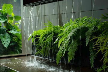 A leafy garden and a small waterfall Created to decorate home in a natural style.