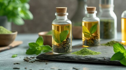 raw matcha green tea in the transparant bottle package, kitchen background setting