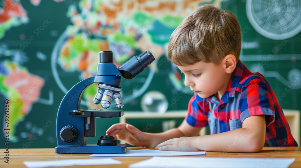 Wall mural a young boy engaging with a microscope in a classroom environment, symbolizing early education and e