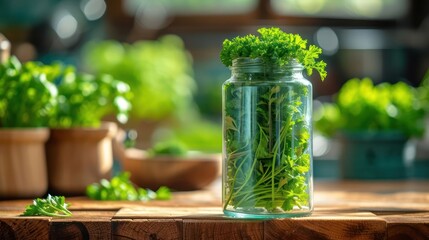 raw Parsley in the transparant bottle package, kitchen background setting