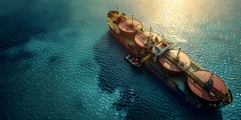 Aerial view tanker ship with liquid bulk cargo is sailing in blue water. 