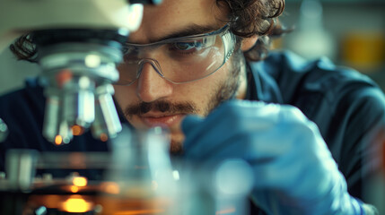 A male scientist conducting research through a microscope, set against a blurred laboratory background, concept of scientific study. Generative AI