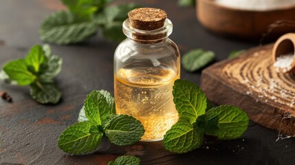 raw Peppermint in the transparant bottle package, kitchen background setting