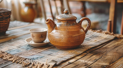 A ceramic tea pot and cup on a rustic wooden table with a plaid tablecloth, evoking a health and ceremony concept. Generative AI