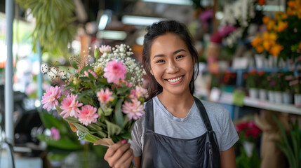 A smiling woman holding a bouquet of pink flowers in a flower shop, surrounded by various blooms, Generative AI