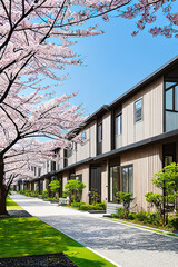 modern fashionable housing, cottages among the park with sakura, Ai-generated