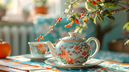 A floral-patterned tea pot and cup on a table, basked in warm sunlight with plants in the background, depicting a tranquil tea ceremony concept. Generative AI - Powered by Adobe