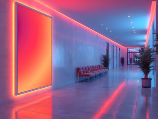 Vibrant Ambiance: White Frame Mockup in Lobby with Neon Lighting Effects