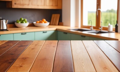 Beautiful natural wooden table with kitchen background