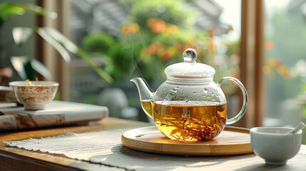 A transparent tea pot filled with tea on a bamboo tray, with a natural daylight background....
