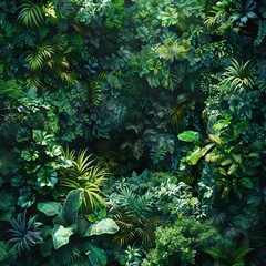Rainforest canopy viewed from above, lush and vibrant, immersive, digital painting, deep greens, no human activity visible