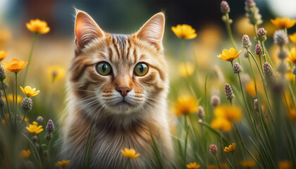Cat among flowers. A ginger cat is playing in a meadow among flowers. Cat portrait. Selective focus. AI generated