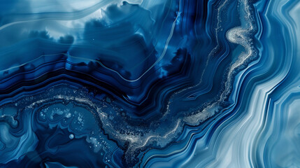 Agate ripple effect in pearlescent white and deep blue alcohol ink swirls, in ultra high definition.