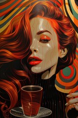 Beautiful girl with cup of coffee on colorful abstract background. Vector illustration. Generative AI.