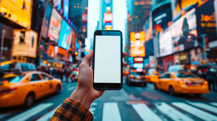 Hand holding a smartphone with a blank white screen in front of city street blurred lights