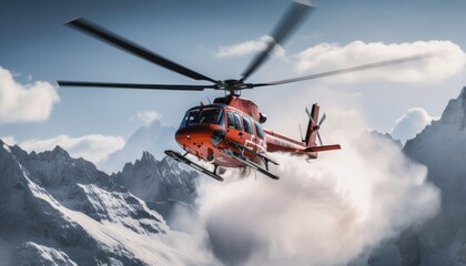 A red helicopter flies over a rugged mountain range, showcasing the thrill of heli skiing in action