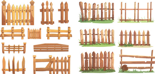Wooden enclosures. Wood fence, timber palisade garden railing cartoon fences types - obrazy, fototapety, plakaty