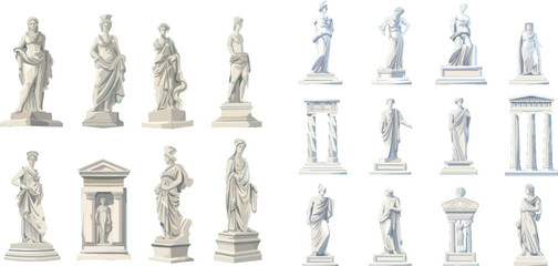 Cartoon antique statues. Ancient historic monuments classical greece culture
