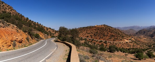 panorama landscape of a winding mountain road in the Lesser Atlas mountain range of Morocco