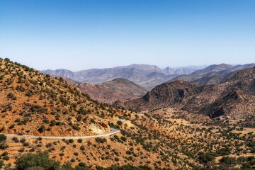 landscape of a winding mountain road in the Lesser Atlas mountain range of Morocco