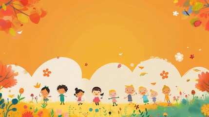 Children Playing in Autumn Landscape Illustration