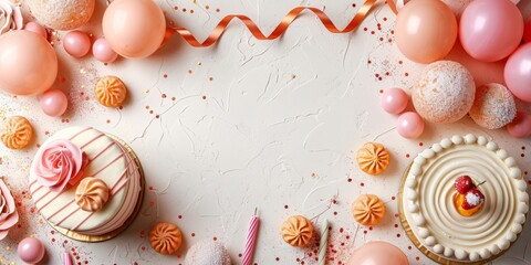 Top view of a festive table with cakes, cookies, balloons, and confetti on a textured скуфь...