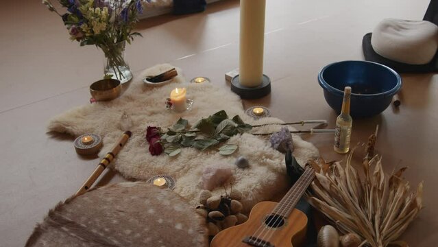 A shrine build of spiritual items in a yoga studio
