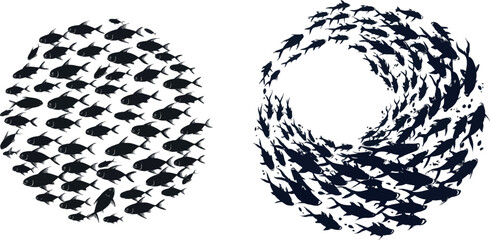School fish silhouette. Group sea shoal small fishes swim in circle, shoaling and schooling ocean life