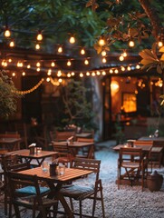 Fototapeta na wymiar Outdoor Dining Under String Lights inCovid-Safe Restaurant Setup